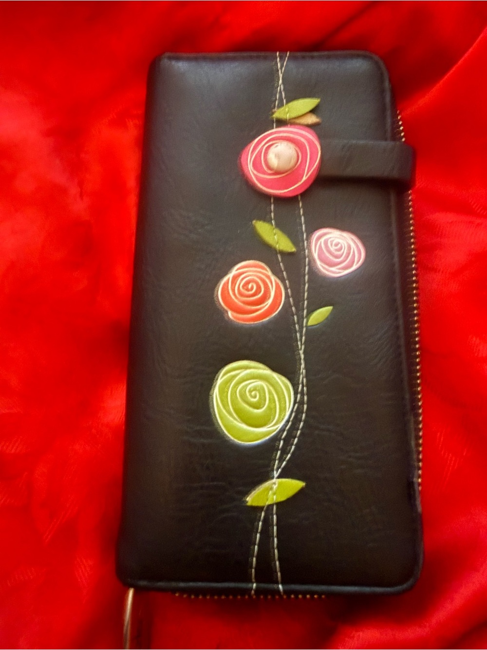 Espe vegan Black Zip Wallet with Colorful Floral Embroidery
